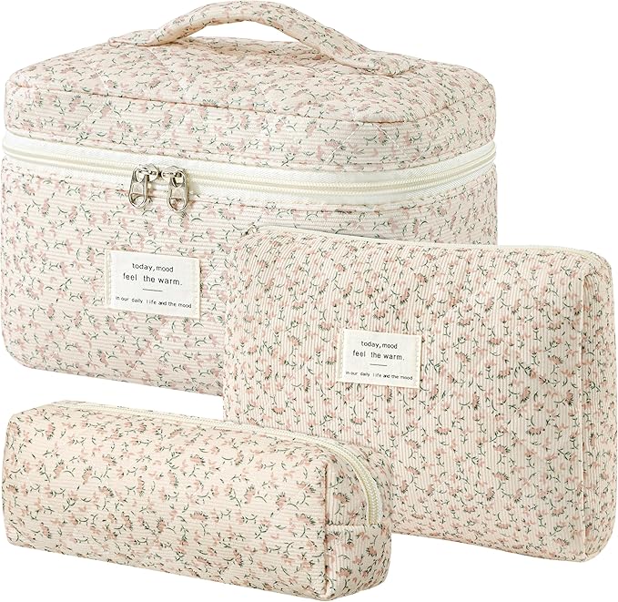 HBselect Quilted Makeup Bag, 3PCS Cotton Large Travel Makeup Bag, Cute Floral Coquette Make up Bag Cosmetic Bag Toiletry Bag for Women Girls
