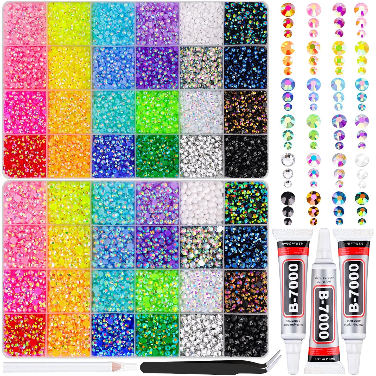 2 Boxes Resin Rhinestones with Tweezers for Crafting, 30000Pcs Mixed-Color 3/4/5mm Bedazzling Crystal with 3Pcs 10ml B7000 Jewelry Glue for DIY Crafts Clothing Tumblers Shoes Fabric Nail Art