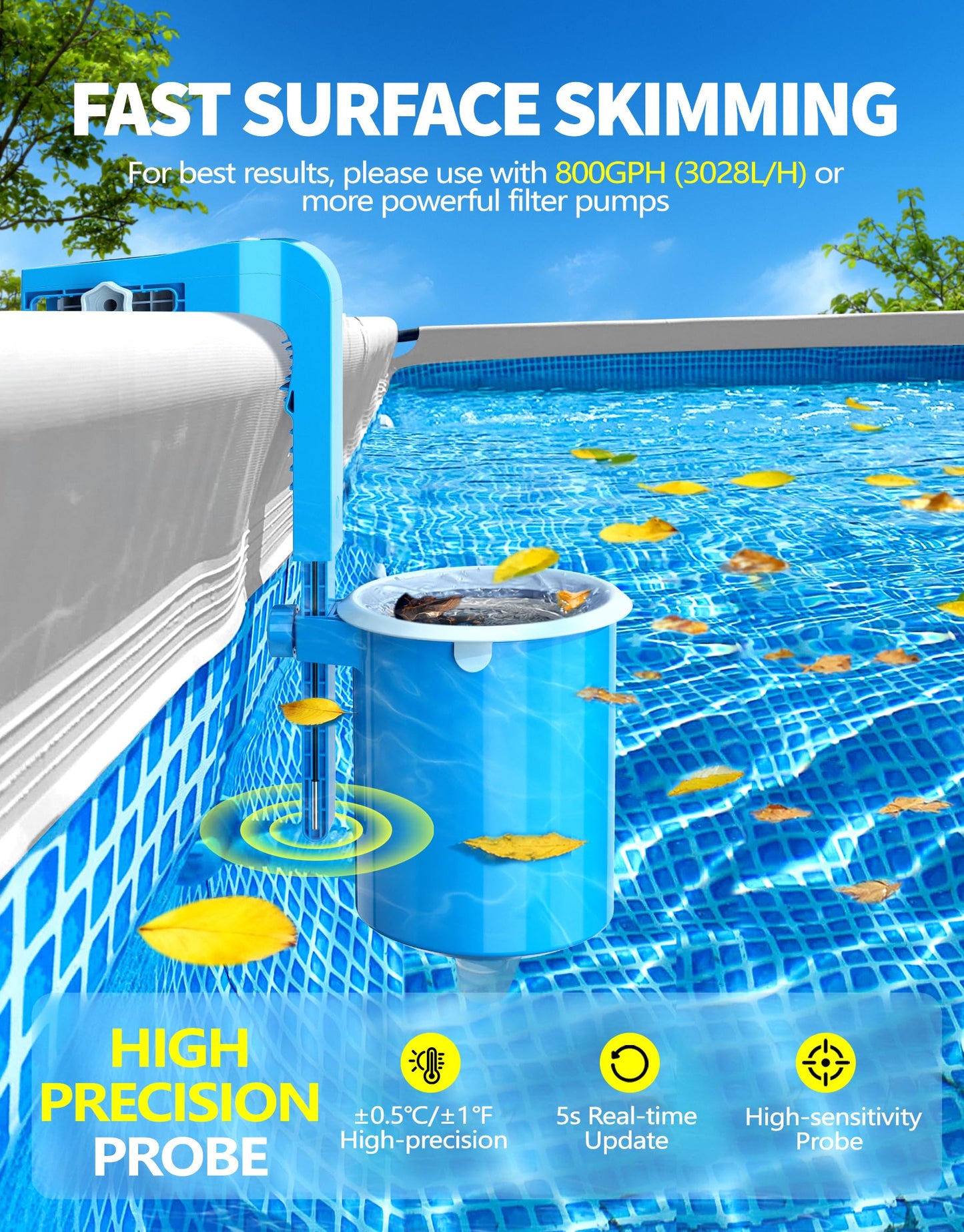 BluSwim Above Ground Pool Skimmer with Solar Digital Thermometer | Wall Mount Surface Skimmer - Auto Skimming Pool Floating Debris | 2 Upgraded Bracket - More Stable & Height Adjustable