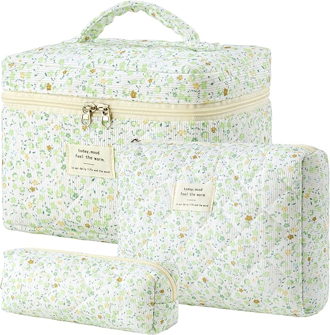 HBselect Quilted Makeup Bag, 3PCS Cotton Large Travel Makeup Bag, Cute Floral Coquette Make up Bag Cosmetic Bag Toiletry Bag for Women Girls