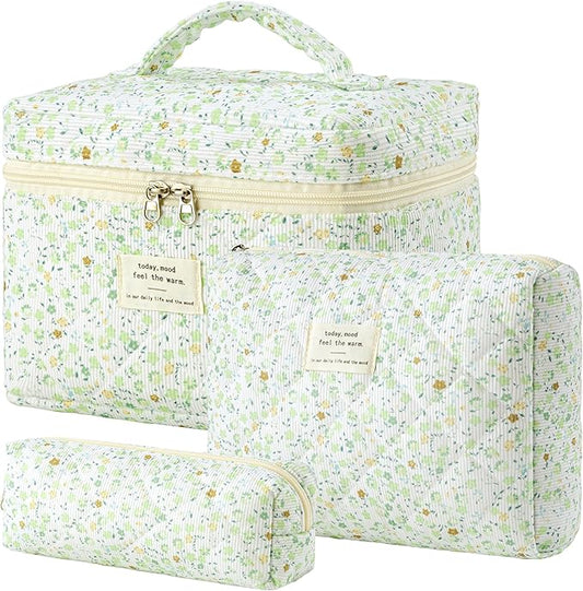 HBselect Quilted Makeup Bag, 3PCS Cotton Large Travel Makeup Bag, Cute Floral Coquette Make up Bag Cosmetic Bag Toiletry Bag for Women Girls