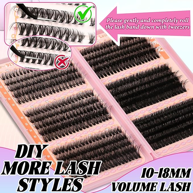 Fluffy Lash Clusters Kit Wispy Lash Clusters 595Pcs Individual Lashes Clusters Thin Band Lash Extension Kit Lash Glue and Lash Tweezers