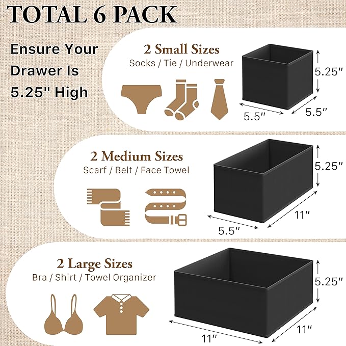 Simple Houseware Underwear Drawer Organizer for Lingerie/Undergarment/Bra/Panty/Sock/Onesie, Set of 6, Black