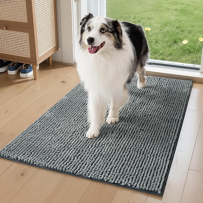 Bedsure Dog Door Mat for Muddy Paws, High-Low Absorbent Chenille Indoor Entrance Mud Dirt Trapper Soak-Stopper, Machine Washable Non-Slip Entryway Rug for Pets, 59"x35" Grey