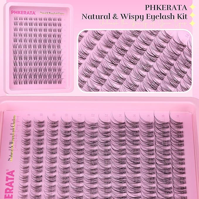 PHKERATA Invisible Band Lash Clusters Kit Wispy Lash Extension Kit Natural Eyelash Clusters DIY Cluster Eyelash Extension Kit Individual Lashes with Lash Glue Bond and Seal Tweezers, 8-16 mm