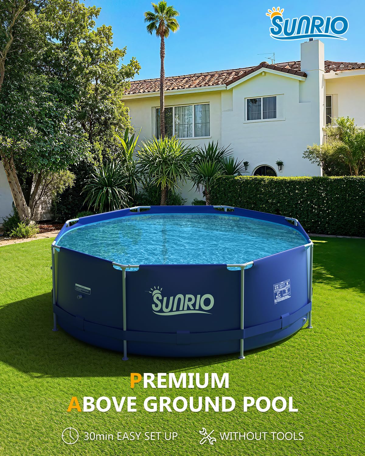 Sunrio Metal Pro 8ft X 30in Round Pool Durable Steel Frame Above Ground Pool for Outdoor Backyard Swimming Pool Suitable Friends Family Adults Kids
