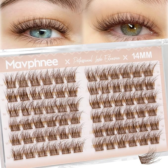14MM Lash Clusters Brown Cluster Eyelash Extensions Natural Fluffy Individual Lashes C Curl Clear Band Cluster Lashes Reusable Wispy Dark Brown Lash Extensions For Full Glam