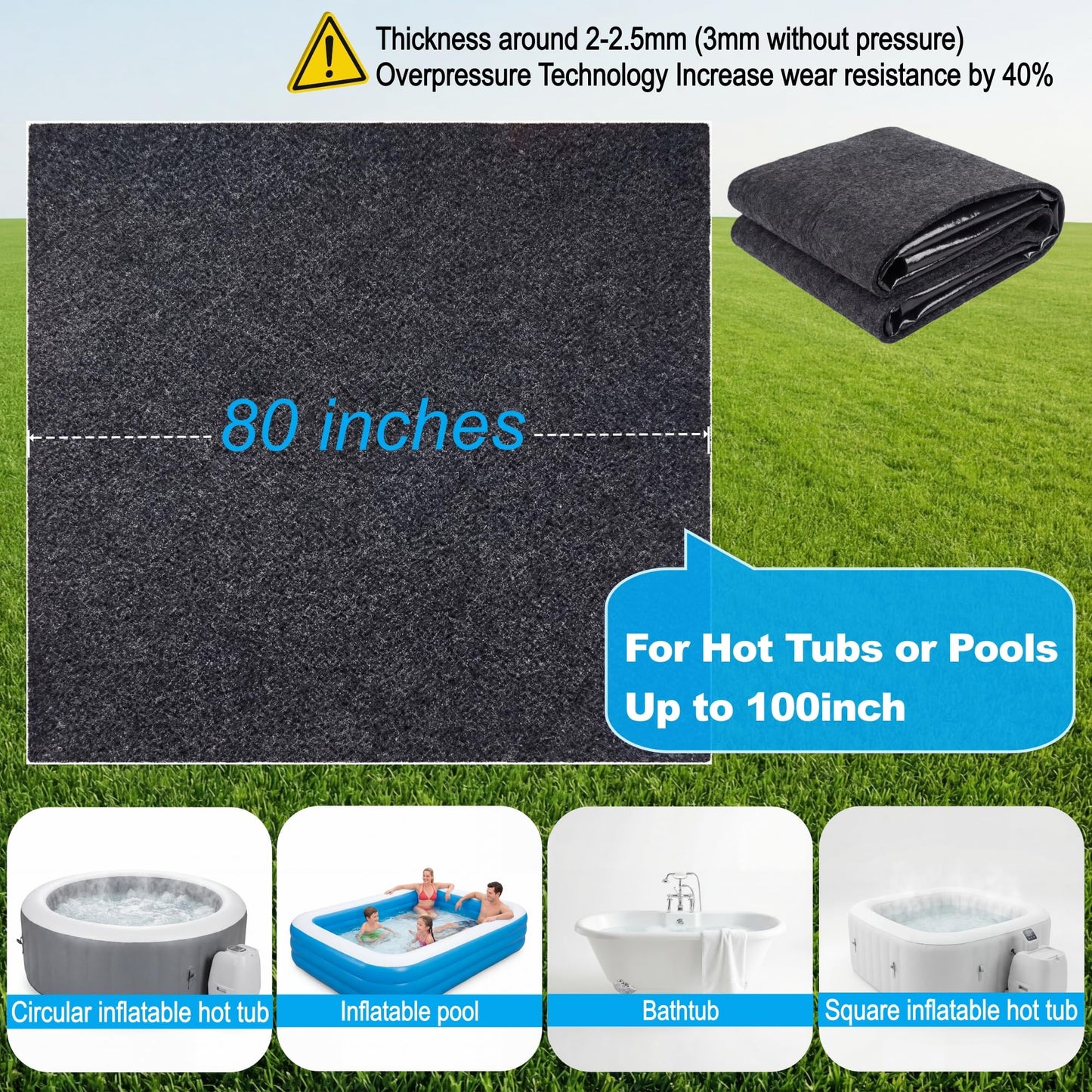 Upgraded 80 * 80inch Square Hot Tub Mat, Extra Large Inflatable Hot Tub Pad Outdoor Indoor, Waterproof Slip-Proof Backing, Absorbent Spa Pool Ground Base Flooring Protector Mat