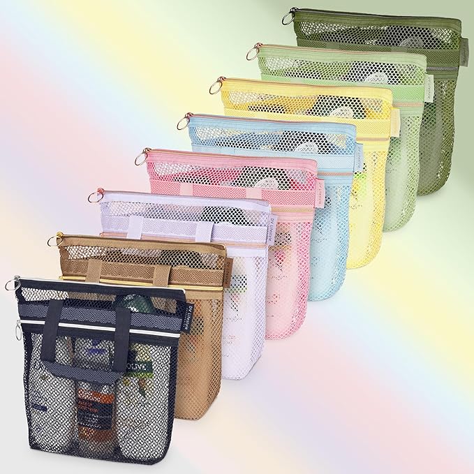 DV Lifestyle Mesh Shower Bag 10.2x9.9'' Quick-Dry Caddy with Zipper & 2 Pockets. Portable Toiletry Tote for Bathroom, Gym, Travel, Camp, Beach, for Sunscreen, Dorm & College Essentials (Olive Green)