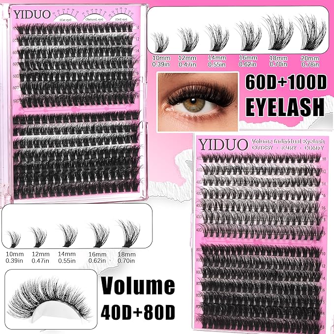 YIDUO Lash Cluster Kit Makeup Bag Set 1686pcs 40D+50D+60D+80D+100+Spikes+Bottom Full Eyelash Cluster Kit Volume Wispy 10-20mm DIY Lashes Extensions with 2X Bond&Seal DlY at Home