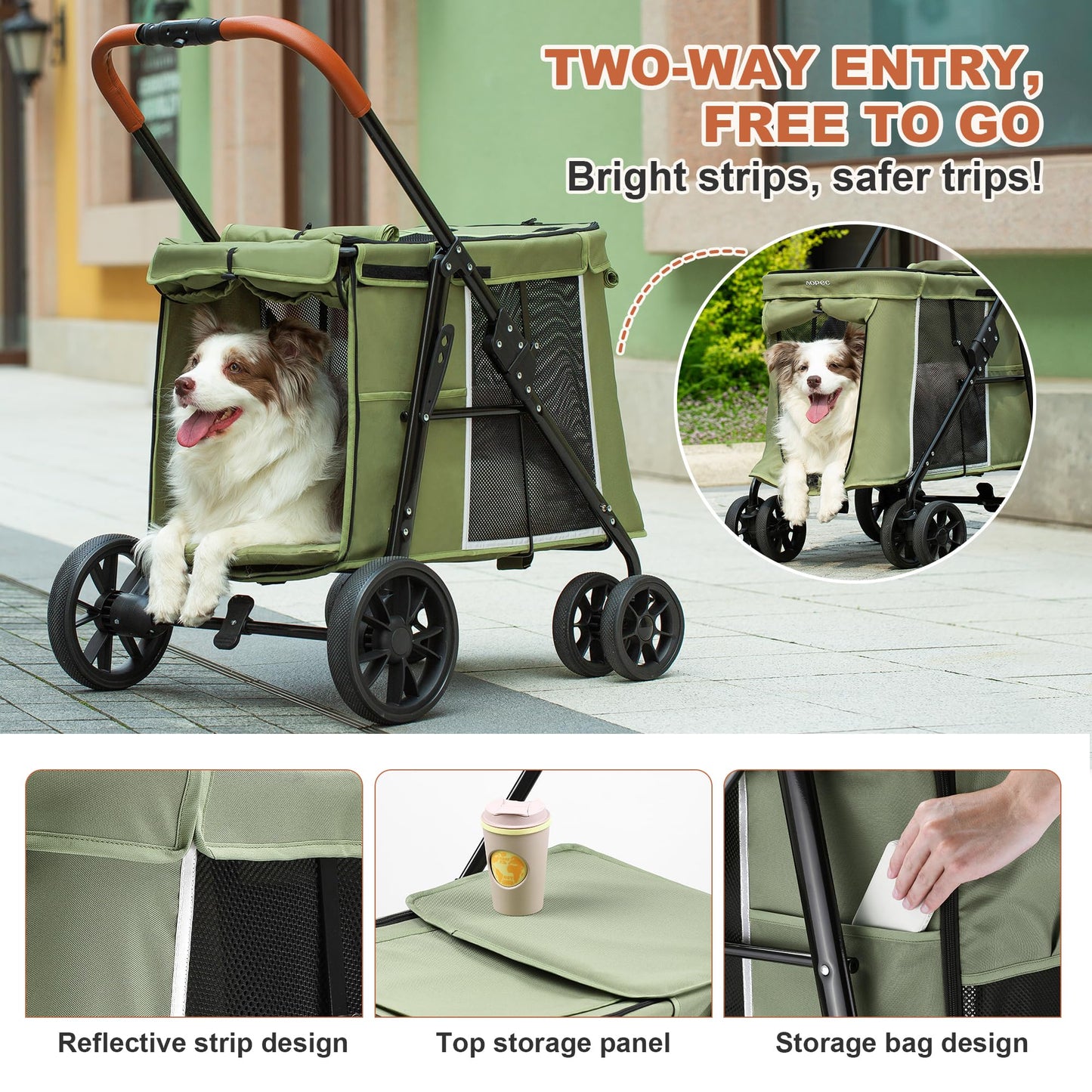 AOPEC Medium Dog Stroller, Dual Entry One-Touch Folding,Small and Medium Pet Stroller,360° Rotating Front Wheels,80 lbs Weight Capacity for Outdoor Travel and Elderly Dogs - Green