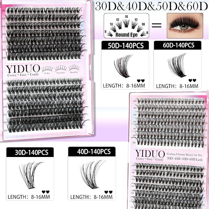 YIDUO 6 Styles Mix Lash Clusters Kit 1548Pcs with 2X Bond&Seal Volume Soft Cluster Lashes Extension Kit Gift Packs 8-18mm Wispy DIY Individual False Eyelashes Box Bulk for Beginners De Pestañas