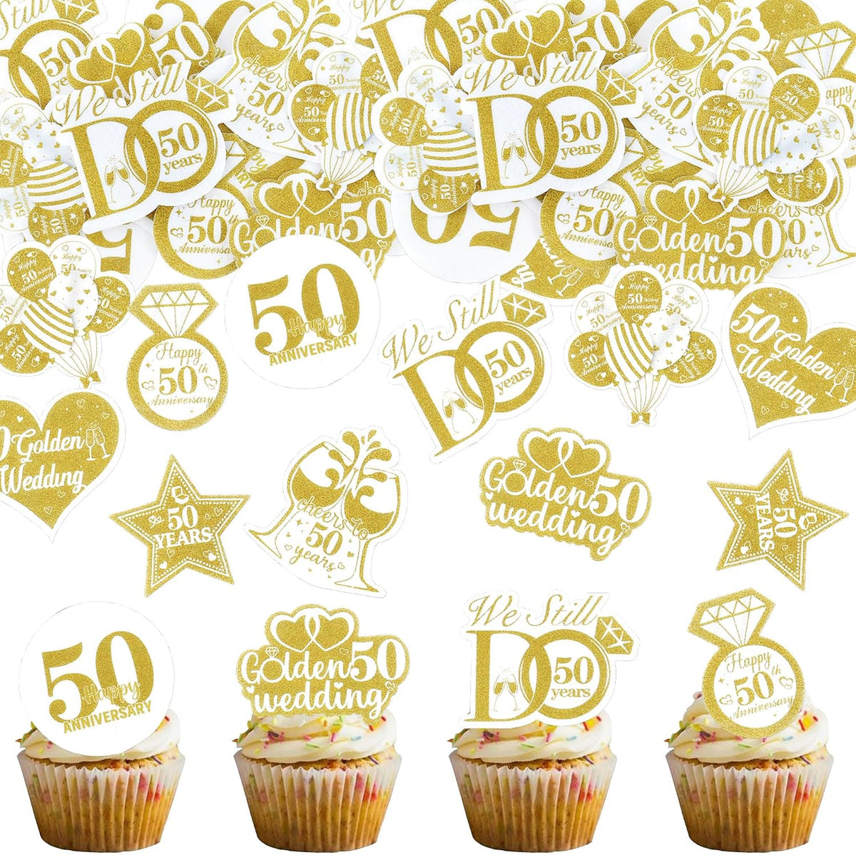 40PCS Edible 50th Anniversary Cupcake Toppers Golden Happy Wedding Glutinous Rice Paper We Still Do 50 Years Picks Birthday Party Cake Decorations Supplies gold