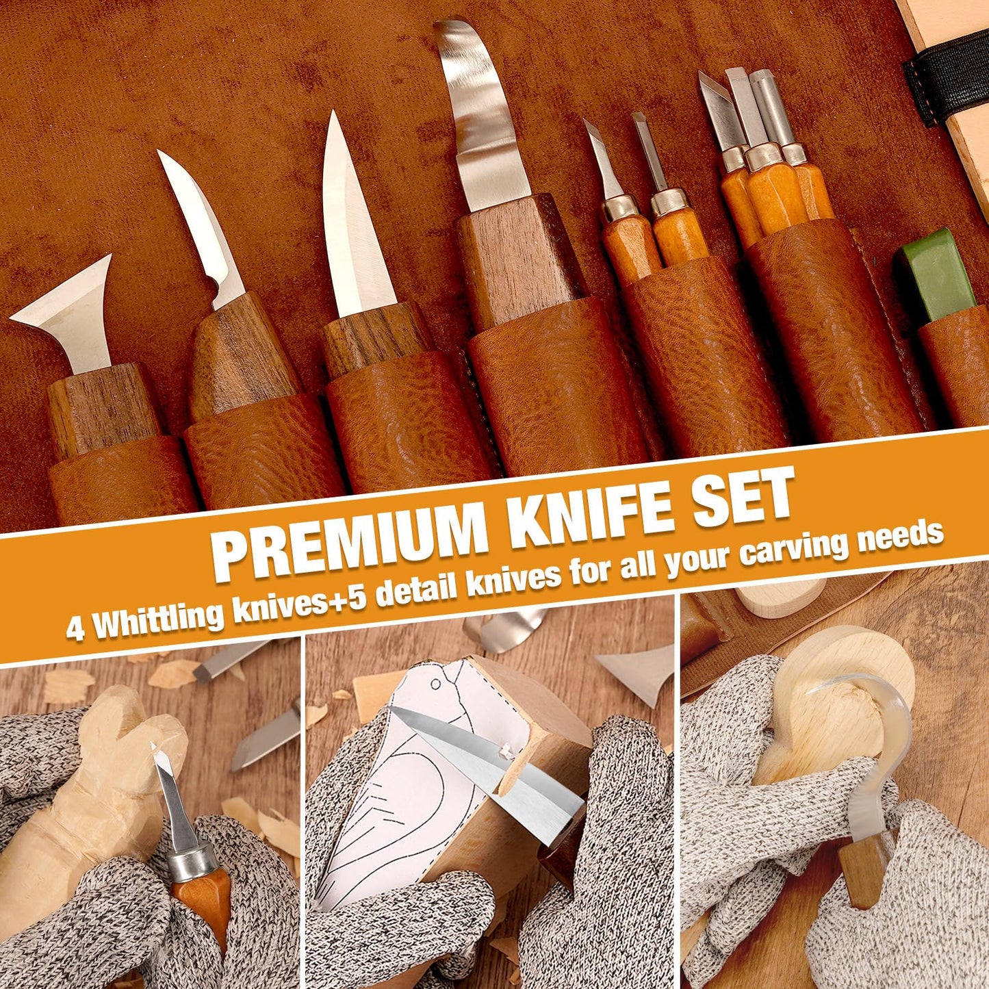 Wood Carving Kit, 24Pcs Wood Carving Tools with Storage Bag, Wood Whittling Knife Kit with 4pcs Templates & 6pcs Basswood Blocks for DIY Beginners