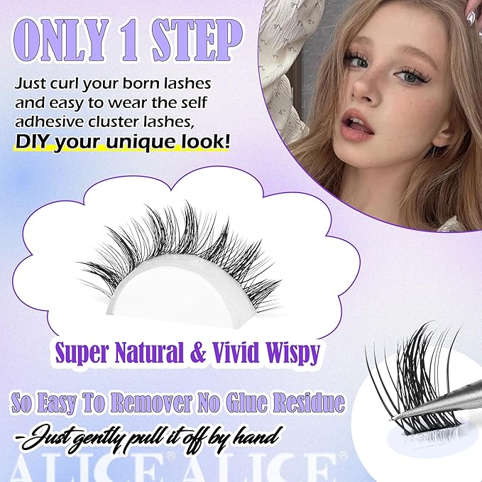 ALICE Self Adhesive Eyelashes Manga Reusable Natural Spikes Self Adhesive Lash Clusters Wispy Anime Press on Lashes 10-14mm 120pcs Pre-Glue Lash Extensions No Glue Needed