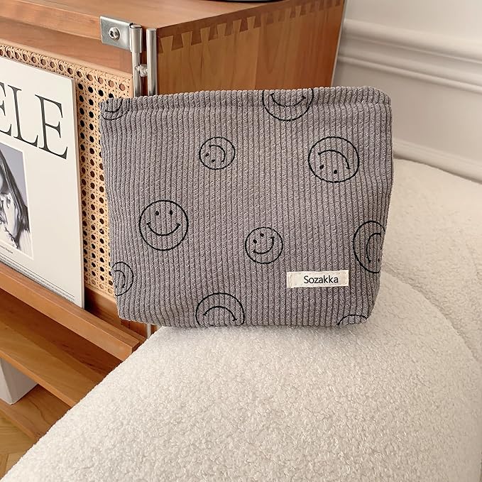 Cosmetic Bags for Women - Corduroy Cosmetic Bag Aesthetic Women Handbags Purses Smile Dots Makeup Organizer Storage Makeup Bag Girls Case Bags (A-Gray)