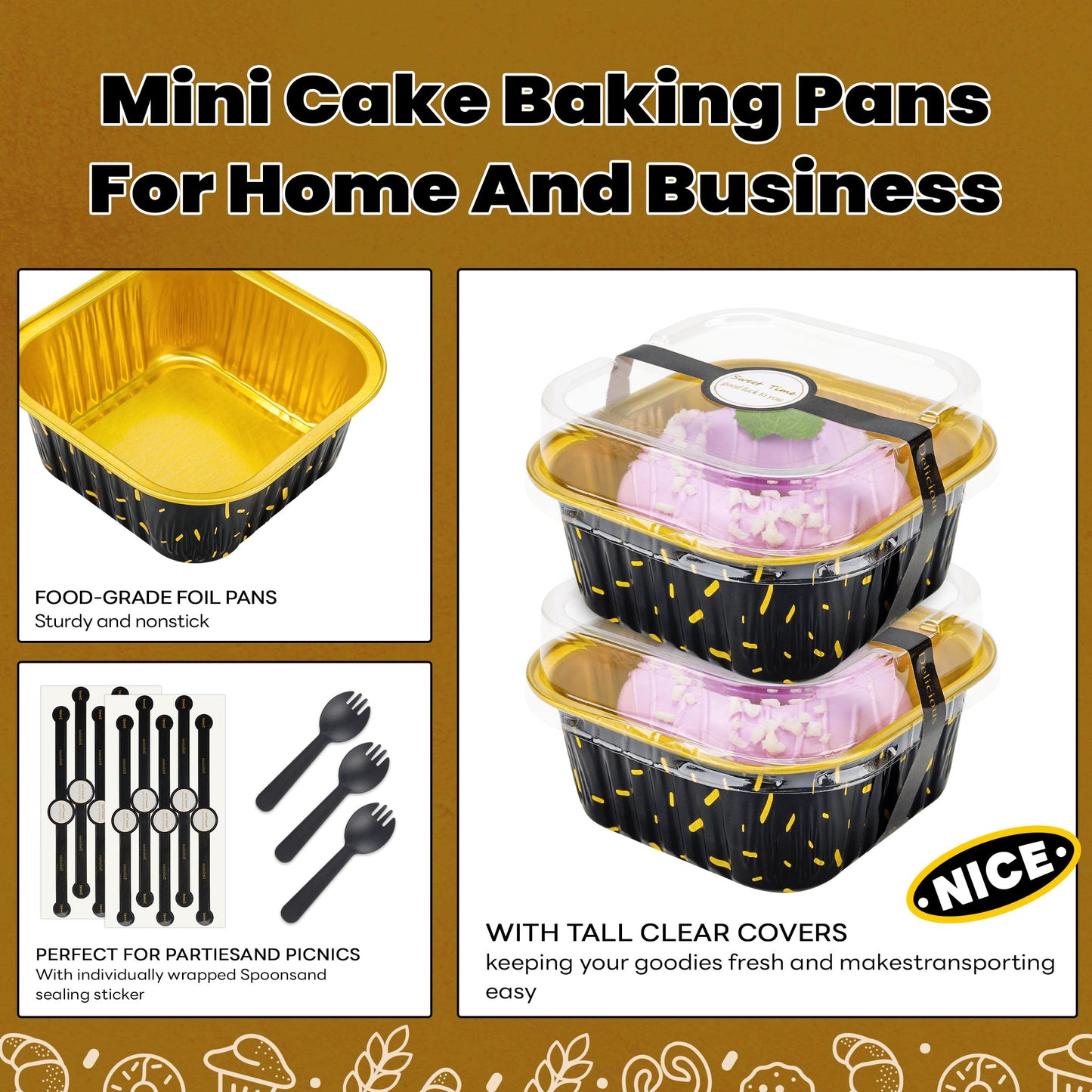 NPLUX 50 Pack Mini Cake Pans with Lids and Spoons Aluminum Foil Pans Square Cake Tins for Bakery Party Wedding (Black Gold Spot,5 oz)