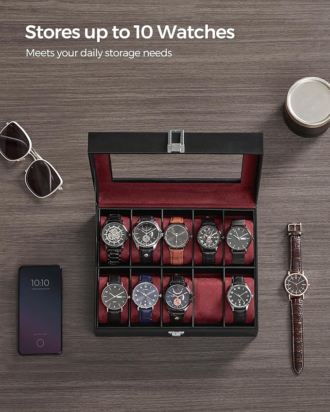 SONGMICS Watch Box, 10-Slot Watch Case Organizer with Large Glass Lid, Removable Pillows, Gift for Loved Ones, Black Synthetic Leather, Wine Red Lining UJWB010R01