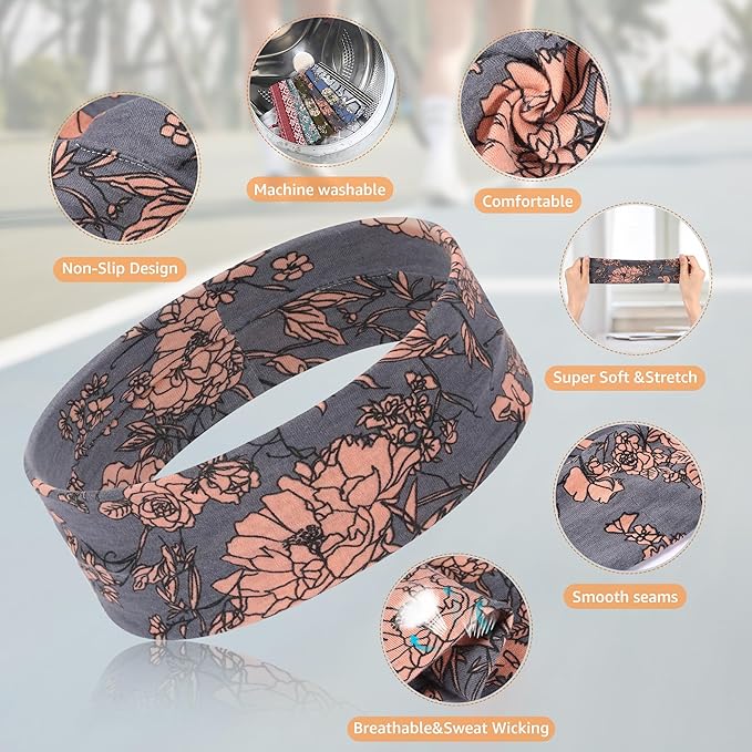 DiyJibb Headbands for Women, Stretchy Non Slip Soft Cotton Cloth Hair Bands for Sports, Workout, Yoga and Running, 7pcs