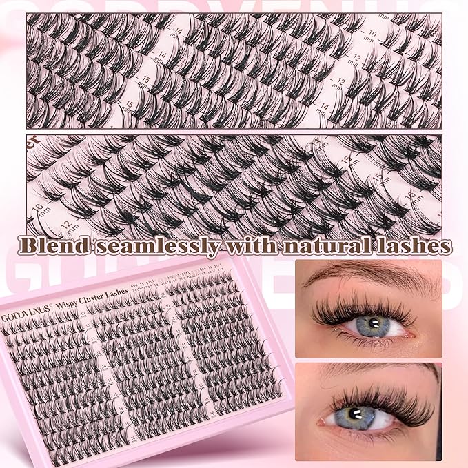 Goddvenus Eyelash Extensions Wispy Natural DIY C Curl Individual Lashes Clusters Black 10-16mm 300pcs