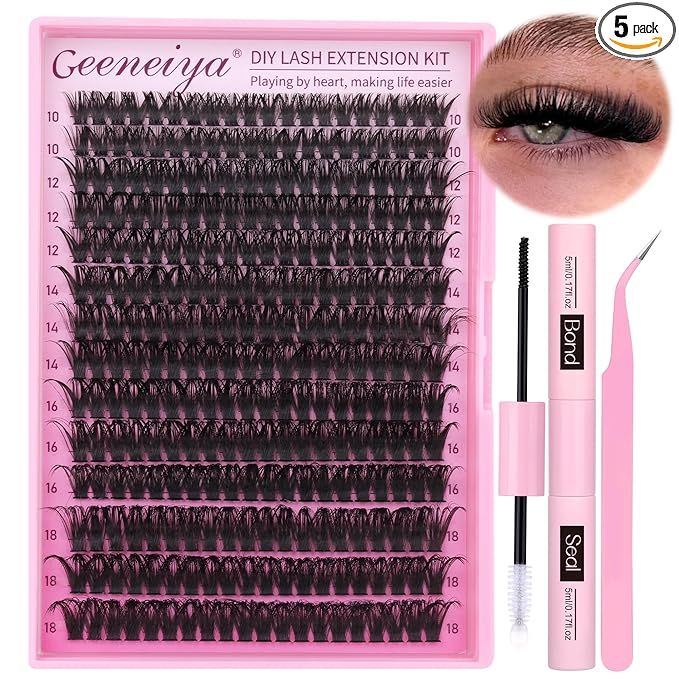 Geeneiya Full Lash Extension Kit 10-18MM Volume Eyelash Extension Kit D Curl Cluster Lashes Individual Eyelashes Kit with Waterproof Lash Bond and Seal, Lash Tweezers (10-18MM, 280Pcs, 70P)