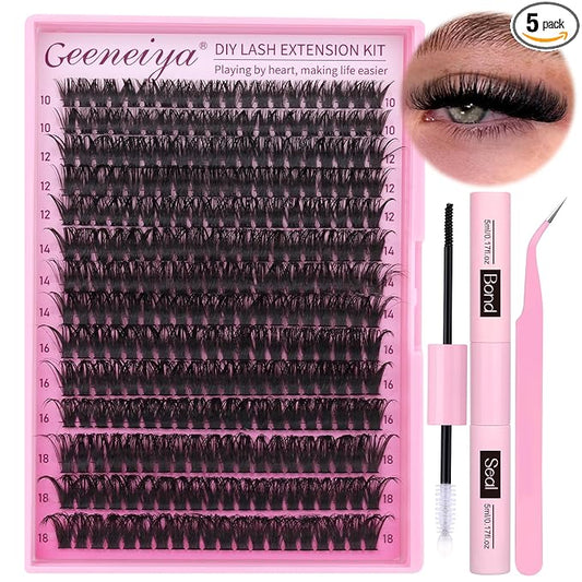 Geeneiya Full Lash Extension Kit 10-18MM Volume Eyelash Extension Kit D Curl Cluster Lashes Individual Eyelashes Kit with Waterproof Lash Bond and Seal, Lash Tweezers (10-18MM, 280Pcs, 70P)