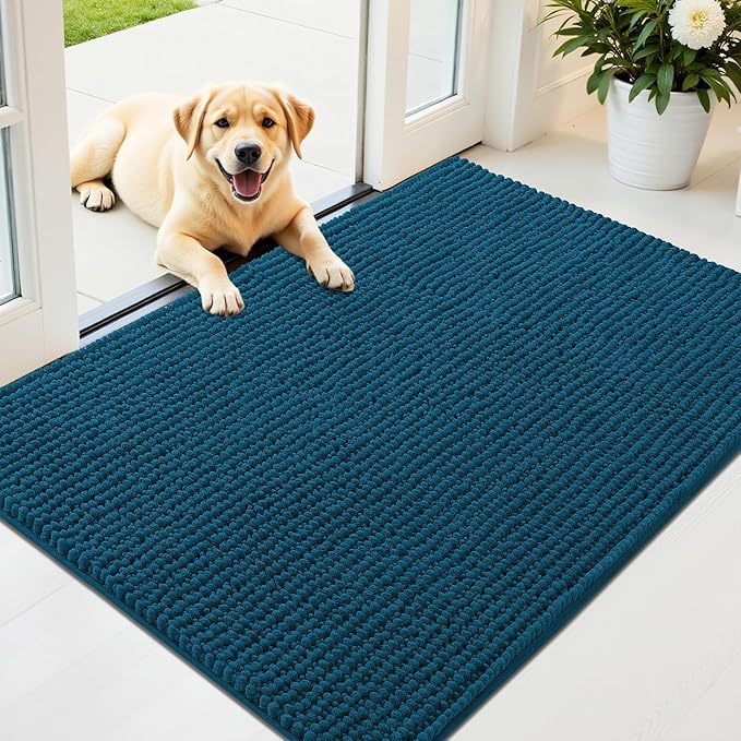 OLANLY Dog Door Mat for Muddy Paws 44x32, Ultra Absorbent Chenille Mud Doormat, Non-Slip Washable and Dirt Trapping Doormat for Indoor Entryway, Quick-Dry Indoor Pet Bed Mats for Dogs, Atlantic Blue