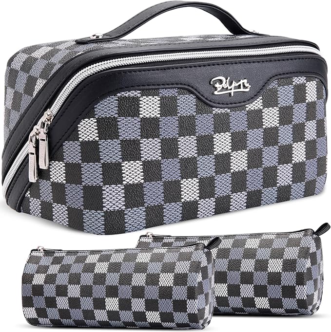 BOYATU Travel Makeup Bag Organizer Cosmetic Bag: 3 Pcs Set Make up Bags for Women with Handle - Waterproof Vegan Leather Toiletry Bag (01-H-Black)