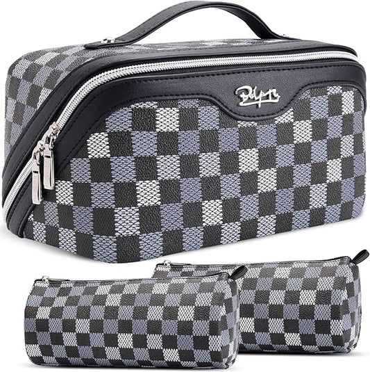 BOYATU Travel Makeup Bag Organizer Cosmetic Bag: 3 Pcs Set Make up Bags for Women with Handle - Waterproof Vegan Leather Toiletry Bag (01-H-Black)