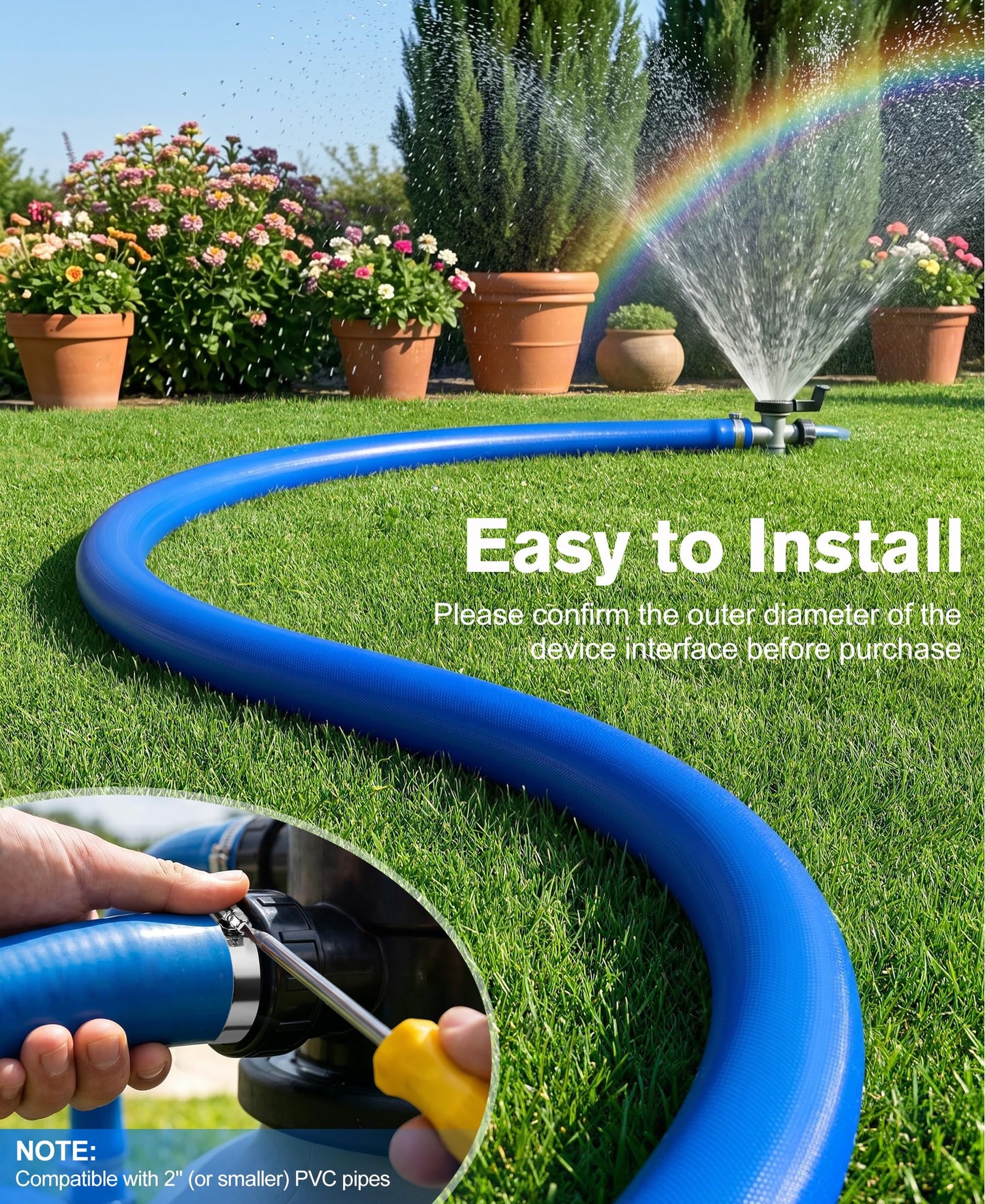 LuxBlue 2" X 65ft Pool Backwash Hose | Heavy-Duty Reinforced PVC Pool Drain Hose, UV & Burst Resistant | Flexible Lay Flat Discharge Hoses for Water Transfer, Sump Pump Drainage, with 3 Clamps