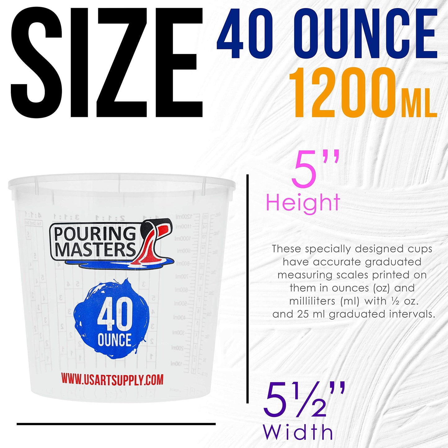 Pouring Masters 40 Ounce (1200ml) Graduated Plastic Mixing Cups (Box of 24) - Paint Mixing Cups for Epoxy Resin, Art, Kitchen, Baking - Measurements in OZ and ML, 4 Different Measuring Ratios 1:1