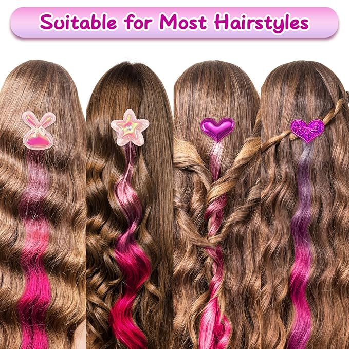 12 Pieces Hair Clips for Girls, Bow Curly Pink Gradient Hair Extensions for Kids, Little Girl Hair Clips Accessories for Ponytails Princess Dress Up