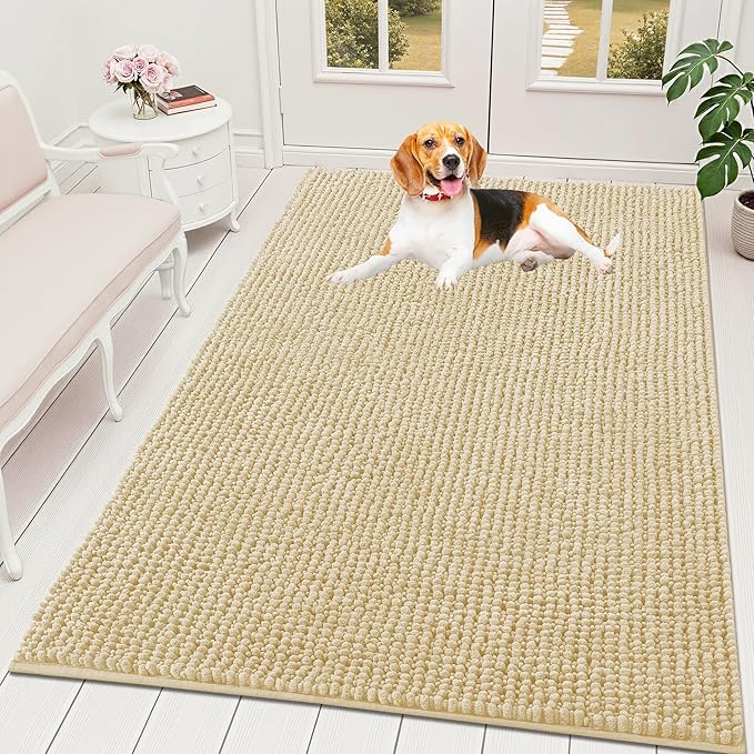 OLANLY Dog Door Mat for Muddy Paws 59x35, Ultra Absorbent Chenille Mud Doormat, Non-Slip Washable and Dirt Trapping Doormat for Indoor Entryway, Quick-Dry Indoor Pet Bed Mats for Dogs, Sand