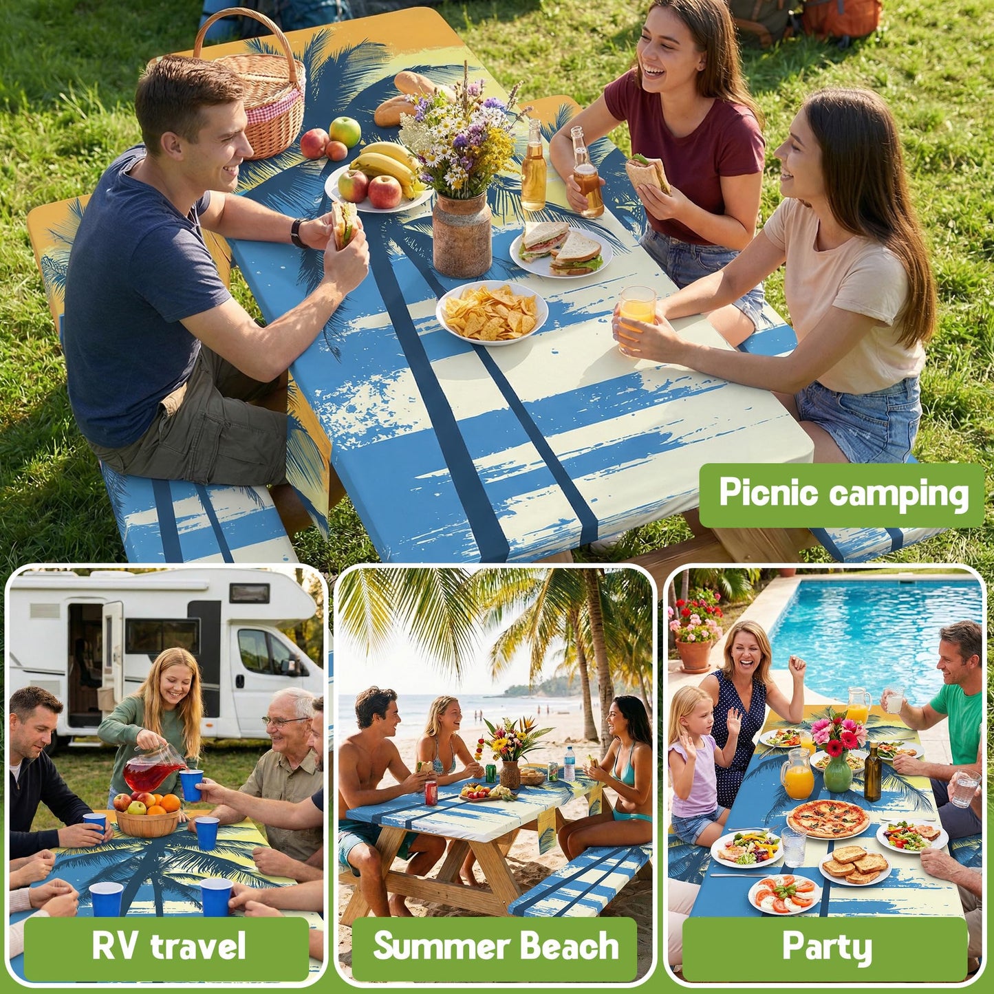 Picnic Table Cover with Bench Covers Table Cloth Tablecloth Glamping Furniture Decor Camp Camper Camping Essentials Outdoor Summer Beach Roadtrip Motorhome Trailer Rv Travel Vacation Canping Gear Kit