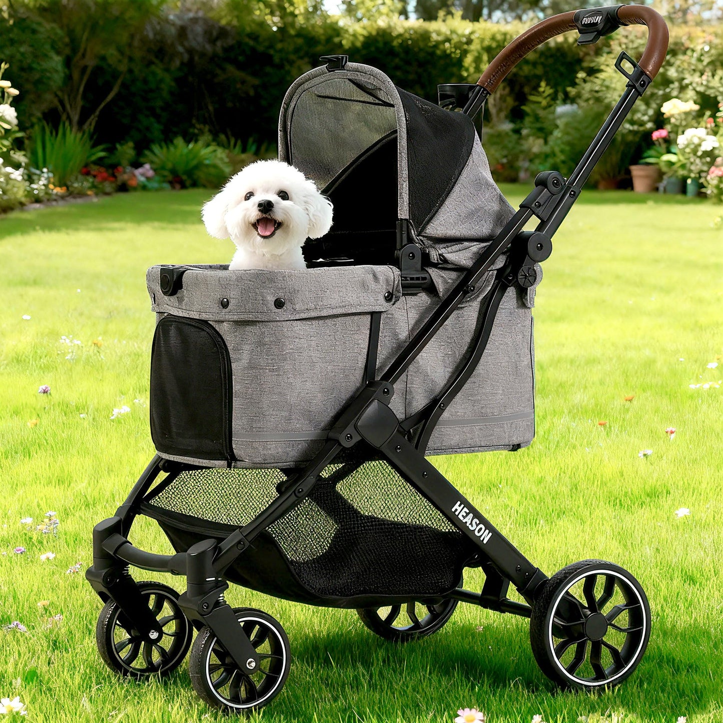 Dog Stroller with Waterproof Rain Cover, Heavy-Duty All-Terrain 4-Wheel Pet Stroller with Adjustable Sunshade Canopy, Foldable Travel Dog Strollers for Small/Medium Dogs Up to 121 lbs