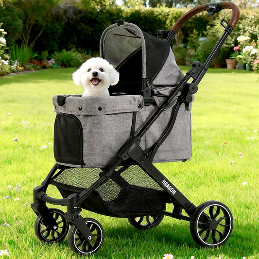 Dog Stroller with Waterproof Rain Cover, Heavy-Duty All-Terrain 4-Wheel Pet Stroller with Adjustable Sunshade Canopy, Foldable Travel Dog Strollers for Small/Medium Dogs Up to 121 lbs