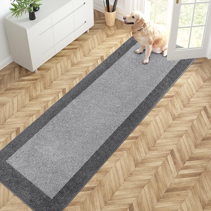 PURRUGS Dirt Trapping Door Mat 24" x 84", Non-Slip Washable Entry Mat, Dog Doormat, Front Door Mat, Super Absorbent Entrance Mat for Muddy Shoes & Paws, Light Grey & Grey