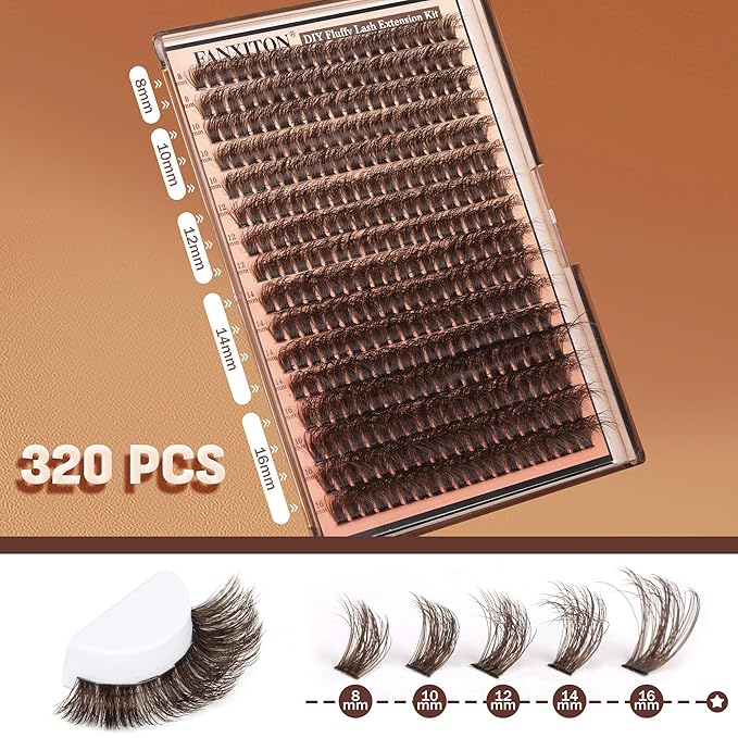 Brown Lash Clusters 320 Pcs Lash Extension Kit DIY Eyelash Extensions Kit Natural Look Cluster Lashes D 8-16 MM Mixed Lash Bond and Seal Lash Tweezers for Lash Clusters Kit DIY at Home