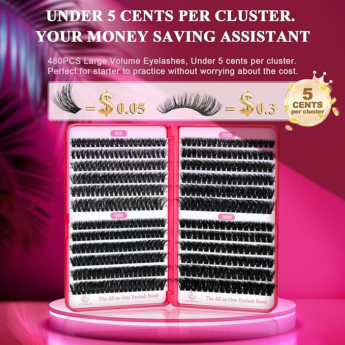 Bombshell Lash Clusters Kit Fluffy Lash Clusters Thick Eyelashes 80D-200D Eyelash Clusters Kit 400Pcs Eyelash Extension Kit DIY Lashes with Bond and Seal 10-18mm False Eyelashes