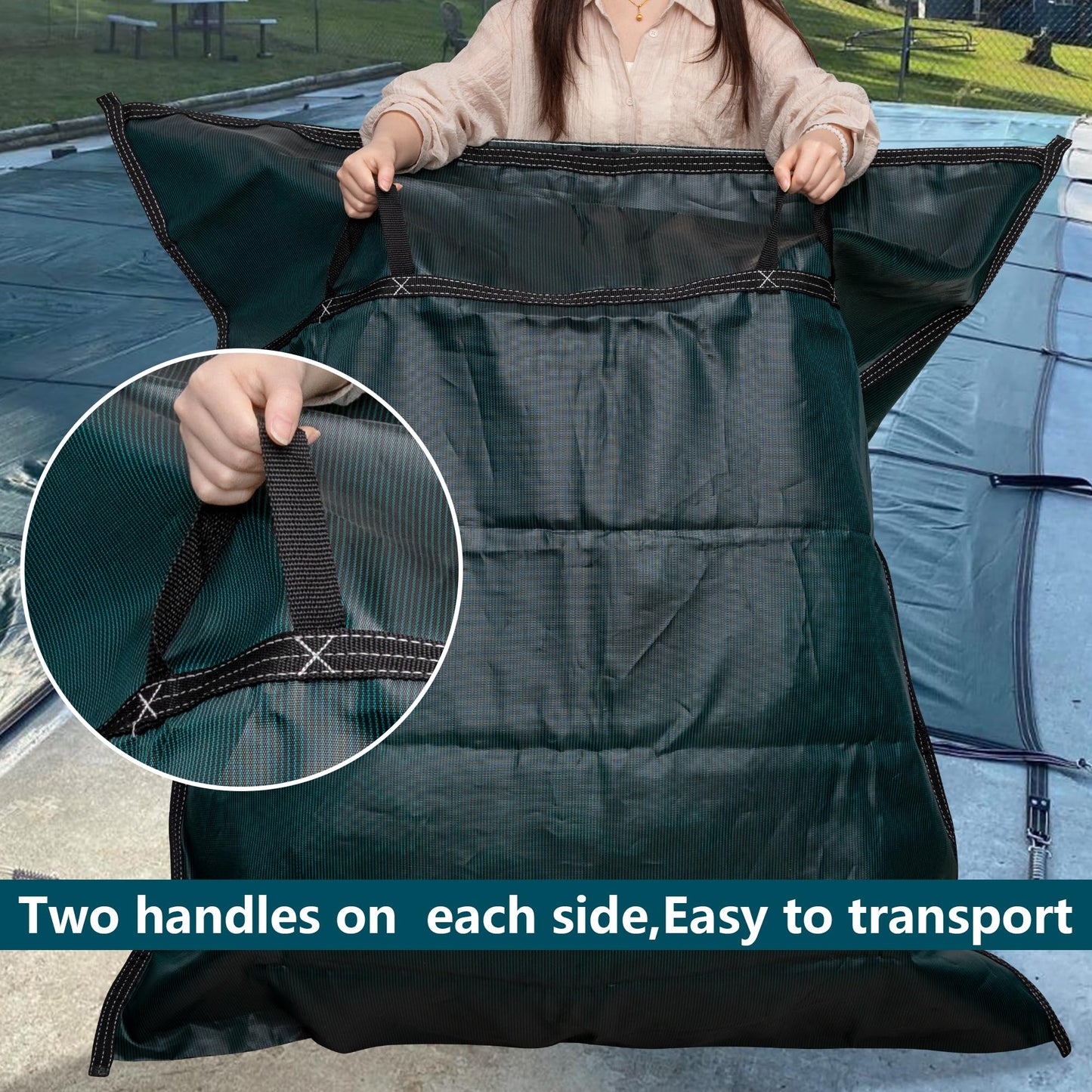 Adnee Pool Safety Cover Stowaway Bag with 4 Carry Handles,48x57 Inch Waterproof Pool Cover Storage Bag, Pool Cover Stowaway Bags for Pool Covers Packing