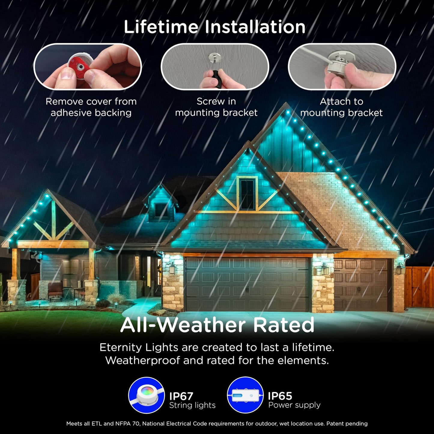 Enbrighten Vibe Eternity Permanent Outdoor Lights for House, 100 Feet, 72 RGBWIC LEDs, Close Spacing, 33lm, Color Changing, Christmas, Eave Lighting, Smart App, Works with Alexa, Google Home, 81103