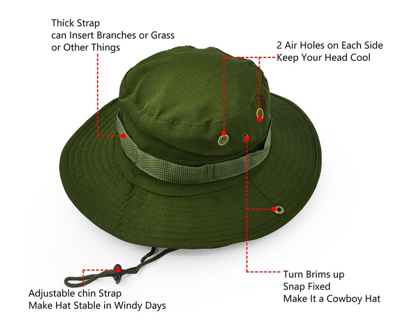 Outdoor Wide Brim Sun Protect Hat, Classic US Combat Army Style Bush Jungle Sun Cap for Fishing Hunting Camping Army Green 5