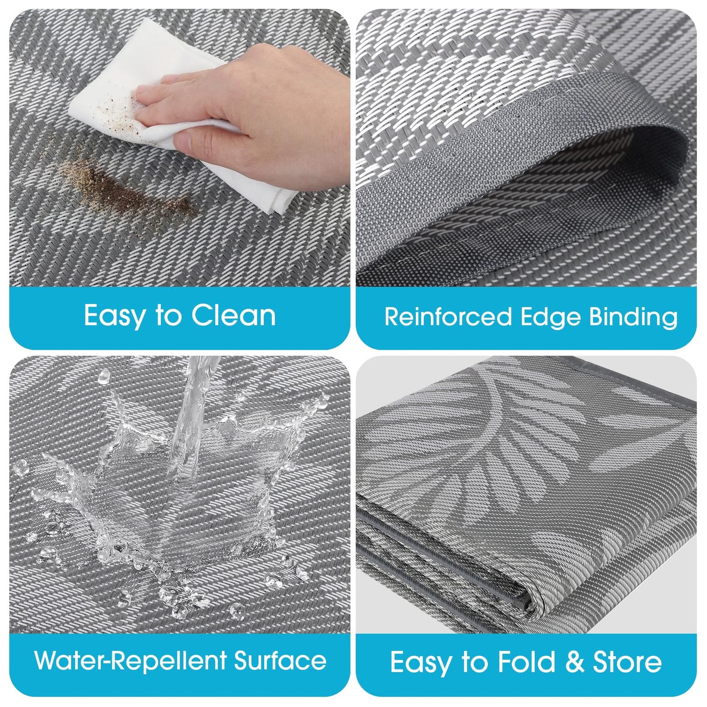 TitanCoziest Outdoor Rug for Patio - 6' x 9', Waterproof, Reversible Outdoor Plastic Straw Rugs with Reinforced Edges, Camping Mat Carpet for RV, Deck, Backyard, Balcony, Picnic, Beach (Leaf Gray)