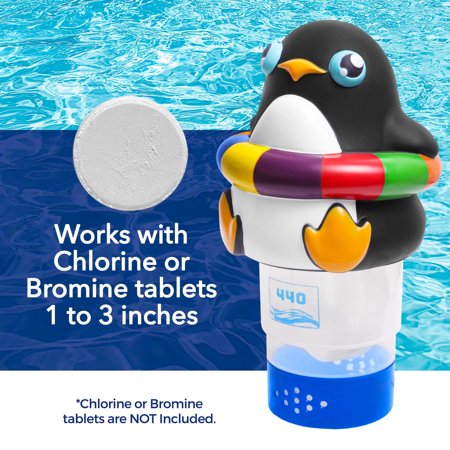 440 Pool Chlorine Floater Dispenser, Fits Up to 3 Pieces of 3-Inch Chlorine Tabs, Adjustable Flow, Control, Heavy-Duty Plastic - Suitable for Small & Large Pools - 8 Ounces | Cartoon Penguin