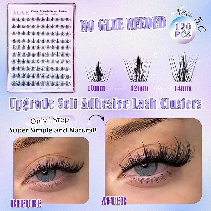 ALICE Self Adhesive Eyelashes Manga Reusable Natural Spikes Self Adhesive Lash Clusters Wispy Anime Press on Lashes 10-14mm 120pcs Pre-Glue Lash Extensions No Glue Needed