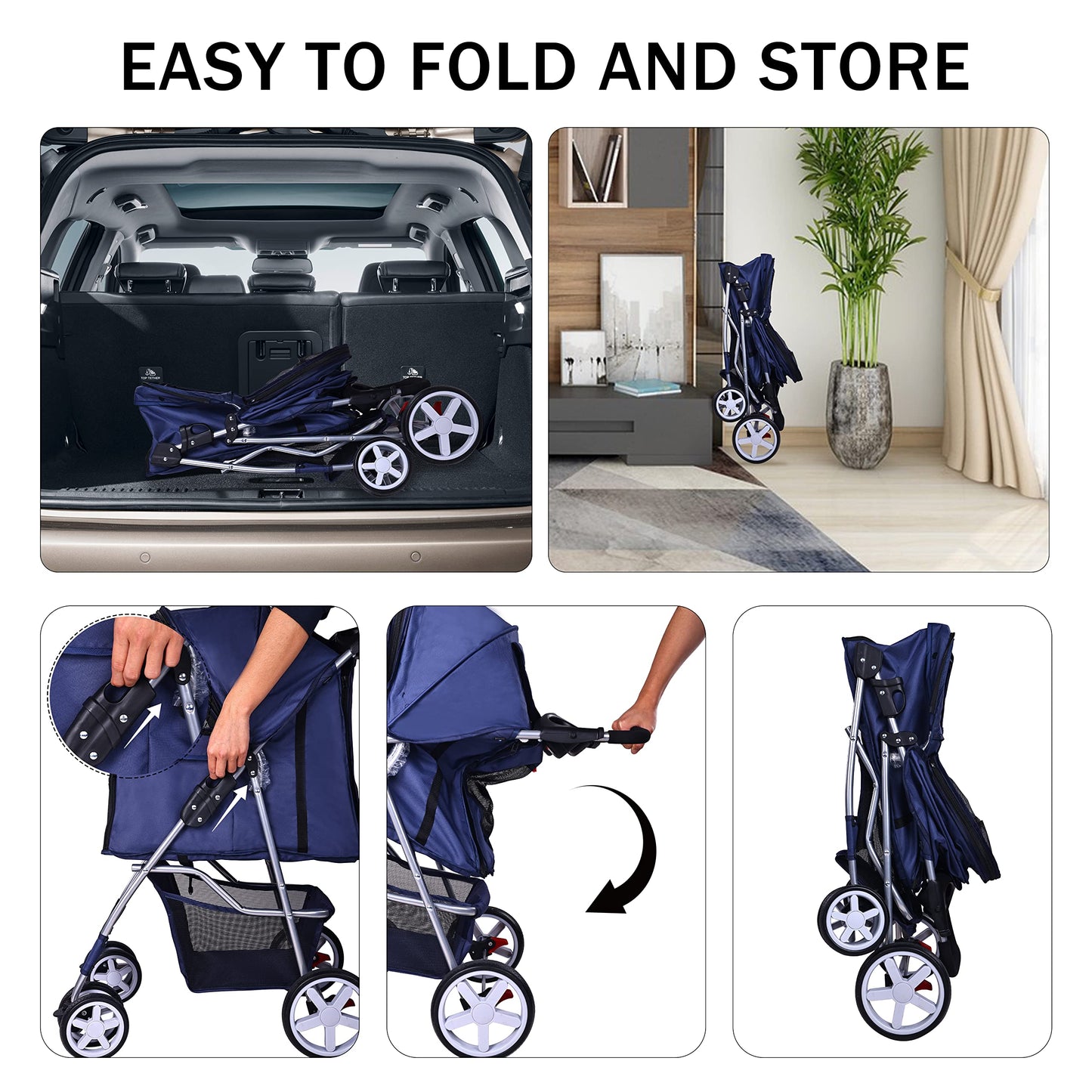 Elevon Pet Stroller, 4 Wheels Multifunction Dog Cat Stroller, Folding Portable Travel Stroller with Detachable Carrier, Suitable for Medium Small Dogs Cats, Blue