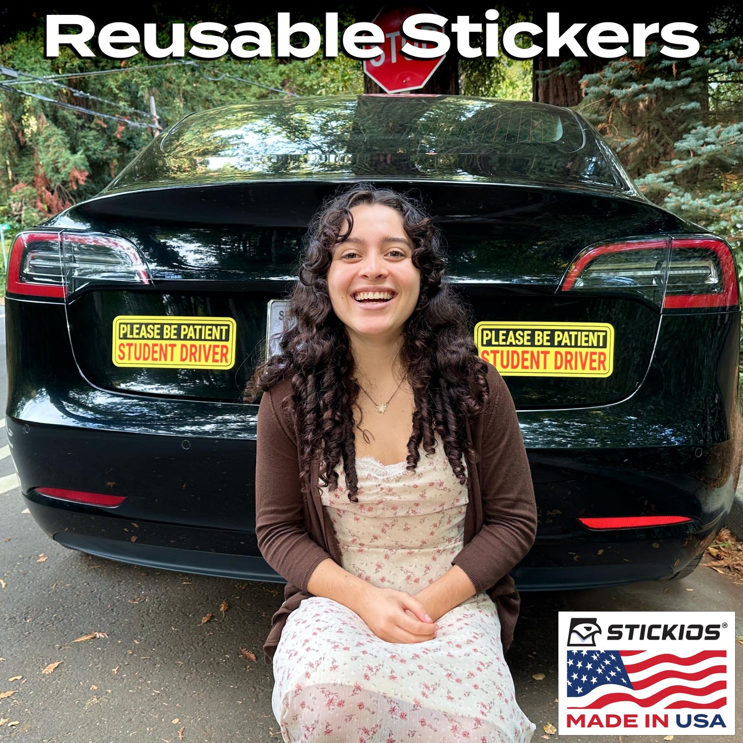 Stickios Student Driver Stickers (Non-Magnetic) for Cars & Windows - Reusable, Removable, Paint-Safe Vinyl Decals - Made in USA (10.5x4 inches, 8-Pack)