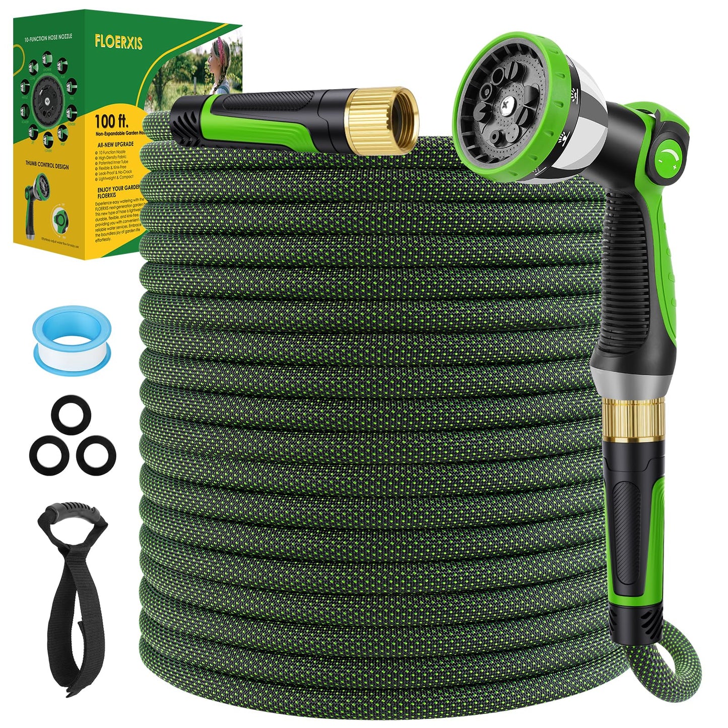 FLOERXIS Non-Expandable Garden Hose 100 FT, Lightweight Hose with 10 Function Spray Nozzle, Kink-Free Flexible Water Hose, Durable, Leak-Proof, 360Â° Swivel Connectors, Portable Storage Strap