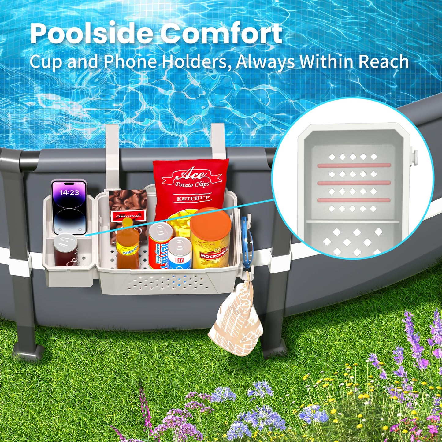 AquaJoyer 2 Sets of Poolside Storage Baskets with Cup Holders - Perfect for 3-Inch or Smaller Top Rails - Above Ground Pool Accessories - Fit for Most Above Ground Pool（Grey）