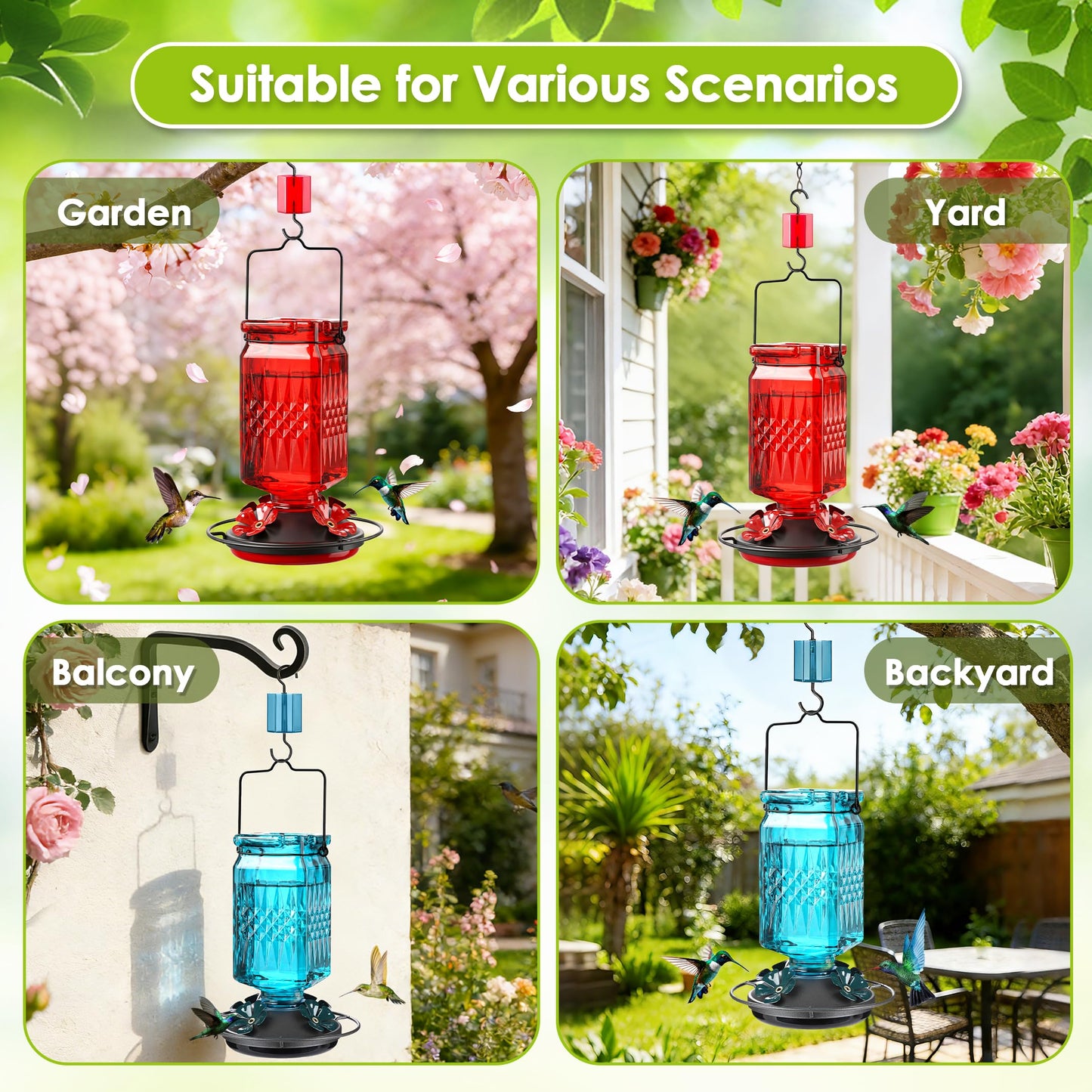 Tegarbed 20oz Glass Hummingbird Feeder for Outdoors Hanging, Bird Nectar Feeder with 4 Bee Guard Flower-Shaped Feeding Ports & Built-in Ant Moat, for Bird Lover, Red (2 Pack)